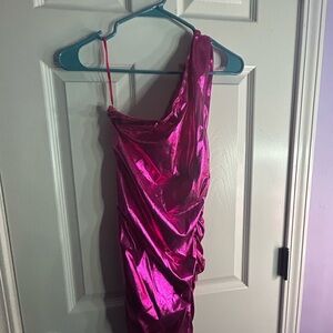 Shiny Pink One-Shoulder Dress
